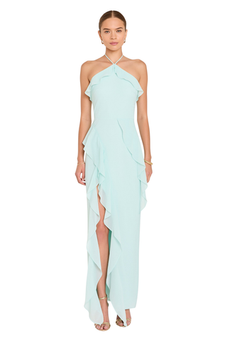 Amanda Uprichard Alessandra Maxi Dress in celadon green with halter neckline, ruffle details, and front slit
