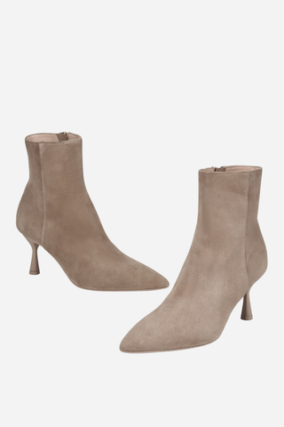 AGL Ide Bootie in Ghibli-Basic neutral taupe suede with a tapered toe, slim heel, and side zip closure.