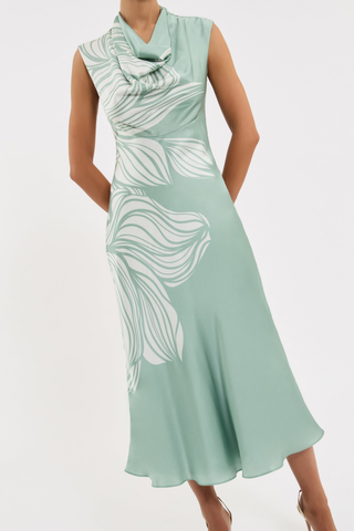 Rebecca Vallance Lalisa Midi Dress in sage floral silk with cowl neckline and bias cut midi skirt