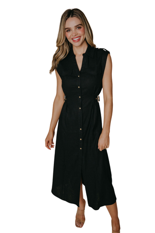 Woman wearing a black sleeveless dress on a white background