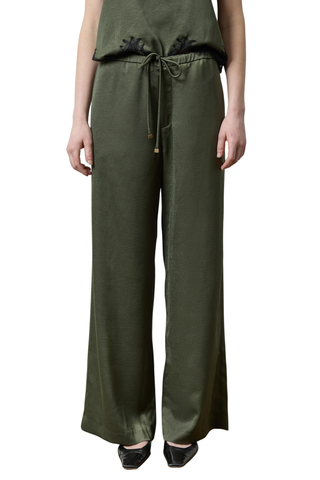 Lilla P Crepe Satin Trouser in Fir green featuring a relaxed wide-leg silhouette, adjustable drawstring waistband, and fluid satin finish.
