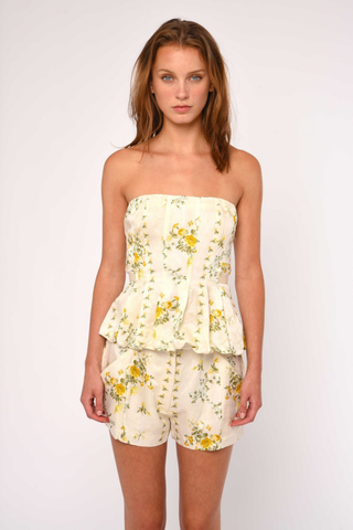 Love the Label Kaye Shorts Estelle floral print cream shorts with yellow flowers and elastic back waistband