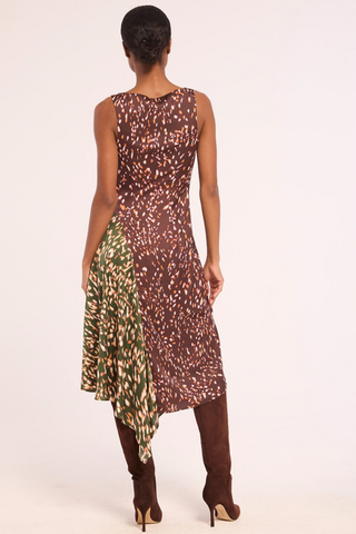 Misa Rohan Dress in Firefly Mix featuring contrasting brown and green printed satin with a sleeveless silhouette and asymmetrical midi hem.