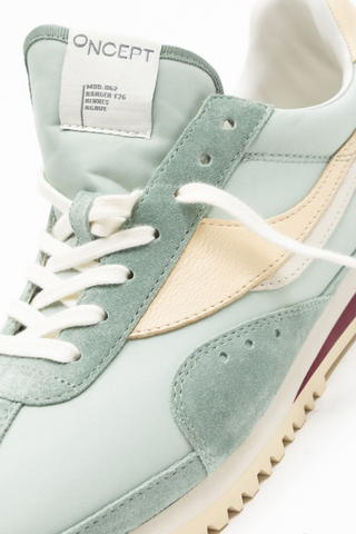 ONCEPT Rennes Sneaker in Agave featuring soft sage green Italian suede, neutral accents, and a retro running-inspired silhouette.