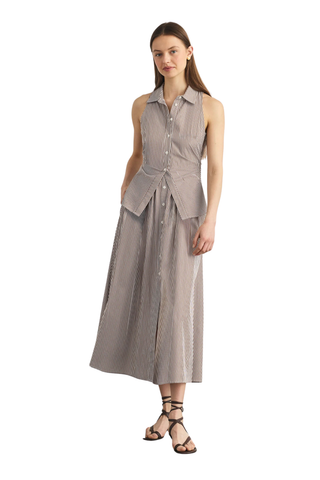 Hannah Dress acorn and white striped sleeveless midi dress with tie waist from Tanya Taylor