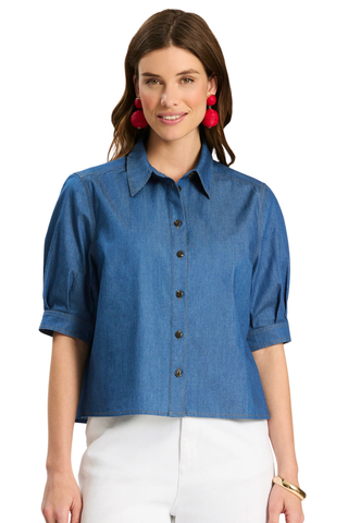 Tyler Boe River Denim Shirt in Dark Denim with cropped silhouette and puffed sleeves