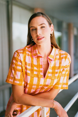 Sheridan French Rhodes mini dress in orange and pink gingham with short sleeves and relaxed fit