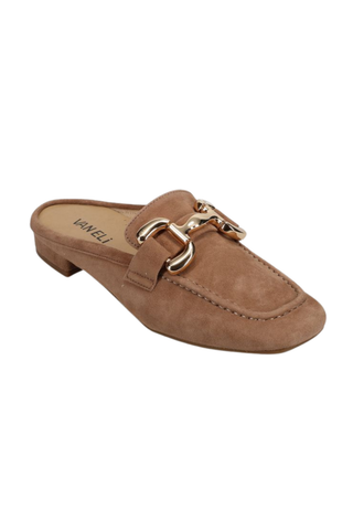 Brown loafer slip-on shoe with gold buckle on a white background