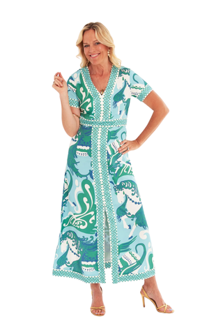 C.K. Bradley Leland maxi dress in blue and green Nouveau Robbins Egg print with short sleeves and front slit