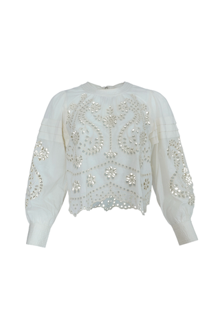 Ivory embroidered cotton eyelet blouse with long sleeves.