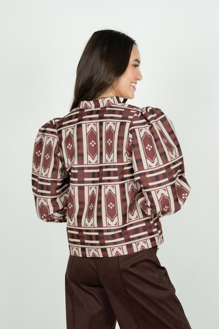 Emily McCarthy Hampton Top in Duomo featuring a geometric brown jacquard print, mandarin collar, and voluminous sleeves.