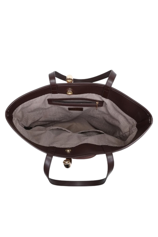 Urban Expressions Raelynn Tote in Chocolate featuring soft brown faux suede, slim shoulder straps, gold-tone hardware, and a structured tote silhouette.