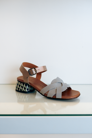 Chie Mihara Quara sandal in sandonis fog with neutral straps and geometric heel