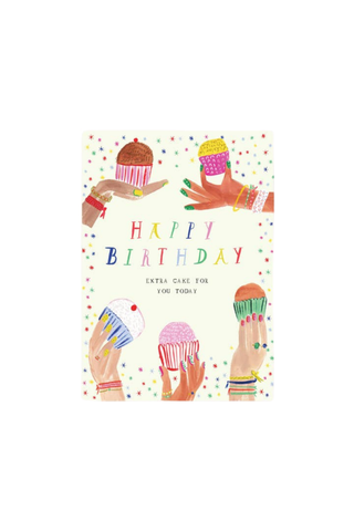 A square birthday card featuring the text 'HAPPY BIRTHDAY' in pastel rainbow letters, with illustrated hands holding colorful cupcakes on a white confetti background.