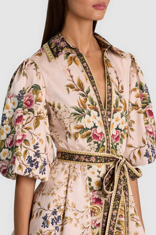 Alice + Olivia Lucy Mini Shirt Dress in True Grandeur featuring a colorful floral and paisley-inspired print, collared neckline, blouson sleeves, and adjustable tie waist.