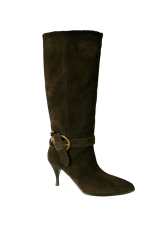 Lola Cruz Genevive Boot in Chocolate, a tall dark brown boot with ankle hardware, rounded toe, and slim heel.