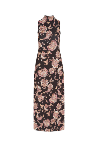 Misa Lila Dress in Autumn Chintz Jersey featuring a black floral print, sleeveless high neckline, and fitted maxi silhouette.