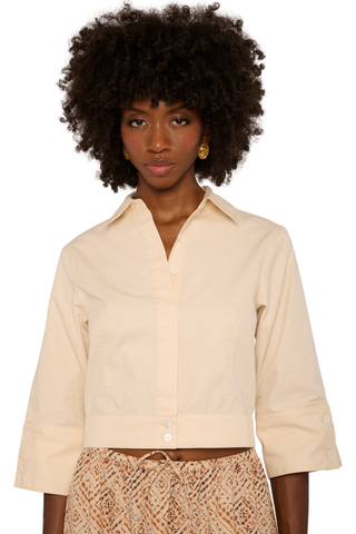 Love the Label Beckett Top in cream featuring a collared neckline, button front, cropped silhouette, and 3/4-length sleeves.