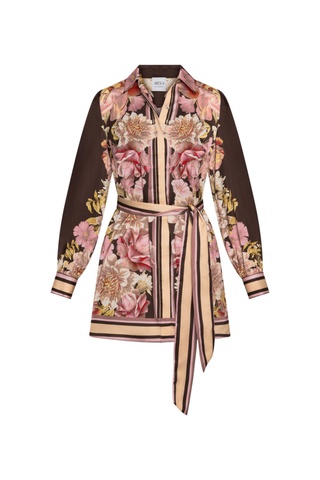 Misa Poppy Dress in In Full Bloom, a chocolate brown floral satin mini shirtdress with long sleeves, contrast trim, and a tie waist.