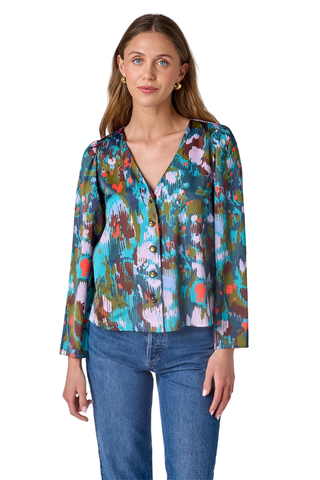 Crosby Jair Top in Florentine Marble featuring a multicolor abstract print, V-neckline, and long sleeves.