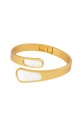 Brackish Alexis Bezel Hinge Cuff bracelet featuring white feather bezel accents and 18kt matte gold plated hardware