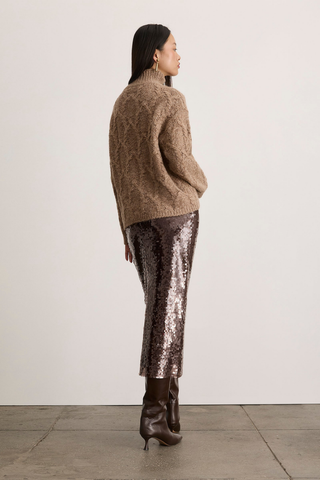 Tanya Taylor Kiah Skirt in Dark Fig featuring a high-waisted straight midi silhouette covered in rich brown sequins.