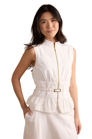 Ivory sleeveless vest with front zip, belt detail, and peplum hem