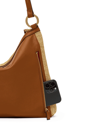 Hammitt Kyle Lrg Handbag in Cocoa Raffia featuring woven raffia, tan pebbled leather trim, gold hardware, and a large slouchy shoulder bag silhouette