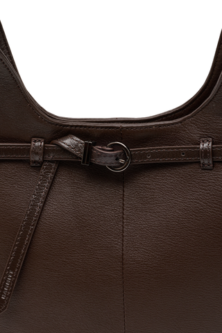 Hammitt Tim Med Handbag in Belted Espresso featuring dark brown pebbled leather, a soft hobo silhouette, belt detail, and gunmetal hardware.