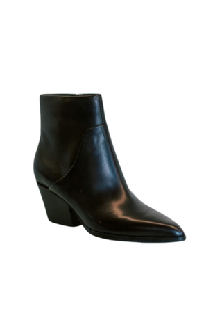 Marc Fisher Tarel Bootie in Black with a sleek pointed toe, smooth finish, and sculptural block heel.