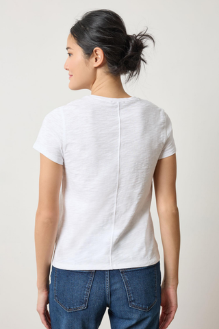 White short sleeve crewneck t-shirt with back seam detail in soft cotton slub fabric by Lilla P