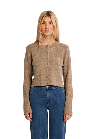 Molly Bracken Knitted Cardigan in camel with long sleeves, round neckline, and button-front closure.