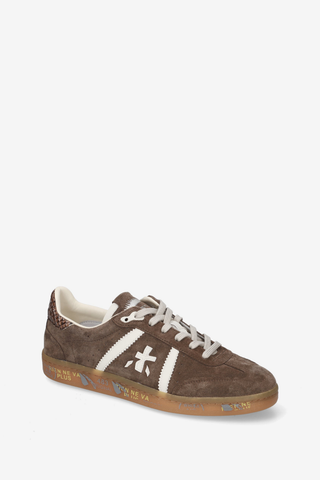 Premiata Bonnie-D 8576 Sneaker in rich brown with cream laces, signature logo detailing, and a low-profile sole.