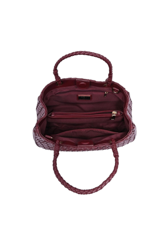 Urban Expressions Karym Satchel in Wine featuring deep burgundy woven vegan leather, braided top handles, a structured silhouette, and an adjustable detachable shoulder strap.