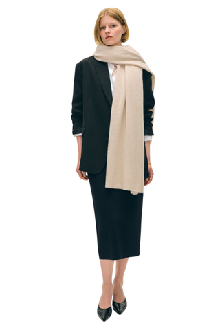 White + Warren Cashmere Travel Wrap styled as an oversized cashmere scarf.