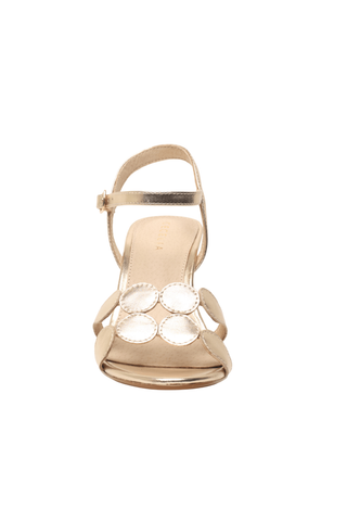 Cecelia New York Peter Heel in soft gold metallic leather with a sculptural fluted block heel, ankle strap, and rounded open toe.