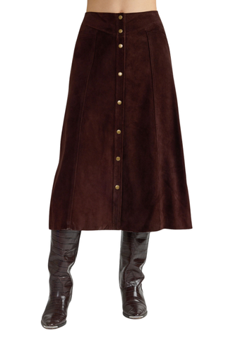 Thomas & Lourdes Shay Skirt in Hearth featuring a chocolate-brown A-line midi silhouette with gold-tone front buttons.