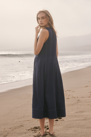 English Factory Linen Stitch Detail Midi Dress in Navy featuring a sleeveless linen silhouette with paneled seaming.