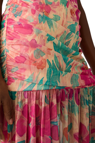 Pink and green tropical floral sheath dress with cap sleeves and ruched bodice by Steve Madden