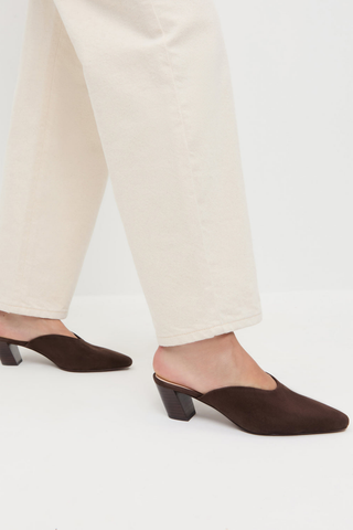 Loeffler Randall Perry Mule in Tmoro brown suede with a pointed toe, kicked 2-inch heel, and slip-on silhouette.