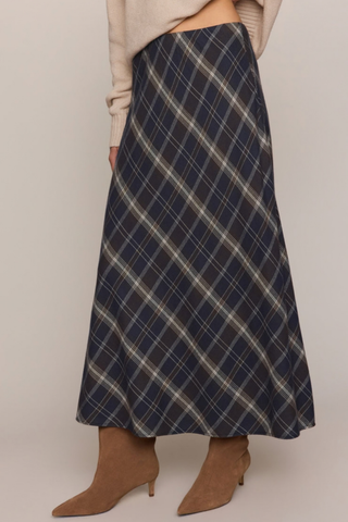 Z Supply Crestview Plaid Skirt in Eclipse featuring a dark neutral plaid pattern, bias-cut midi silhouette, and flowing hem.