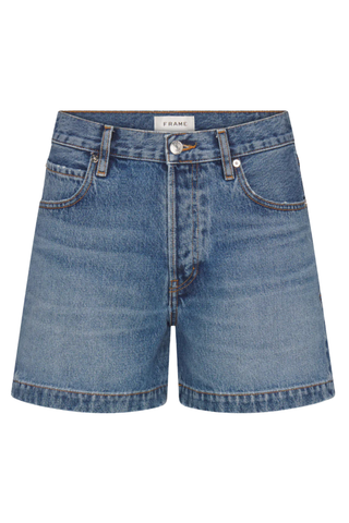 Medium wash denim shorts with relaxed fit and mid-rise waist