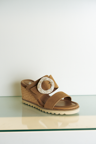 Softwaves Massima wedge sandal in tan suede with raffia wedge heel and oversized buckle detail