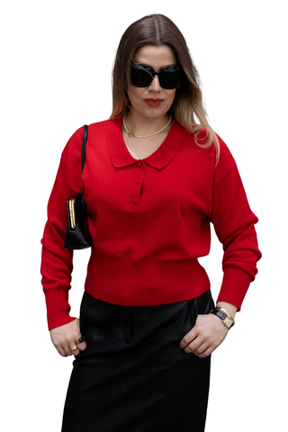 White + Warren Cashmere Long Sleeve Polo in Lacquerd Red featuring a classic polo collar, open V-neckline, long sleeves, and a relaxed silhouette.