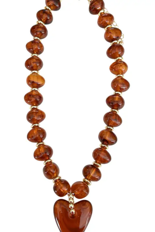 Gemelli Athens Beaded Necklace in Tortoise with glossy tortoise beads and coordinating heart pendant.