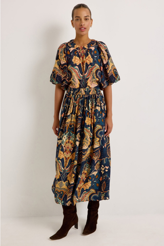 Marie Oliver Wren Top in Saddle featuring a bold Western-inspired print, gathered neckline, and short puff sleeves.