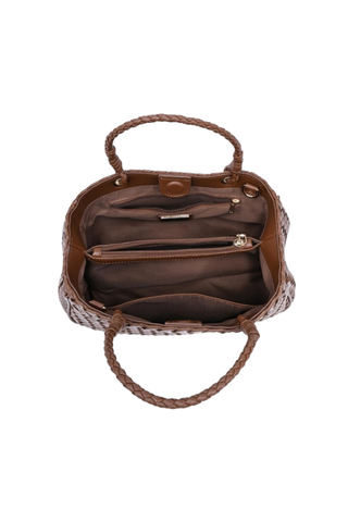 Urban Expressions Karym Satchel in Chocolate featuring woven brown vegan leather, braided top handles, a structured silhouette, and an adjustable detachable shoulder strap.