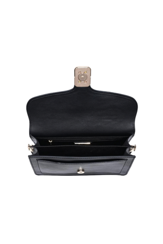 Urban Expressions Coco Crossbody in Black featuring a structured vegan leather silhouette, flap front, gold-tone buckle detail, and detachable strap.
