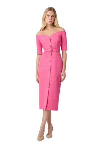 Shoshanna Cadence Dress in Snowberry pink featuring an off-the-shoulder neckline, fitted waist, and midi silhouette.