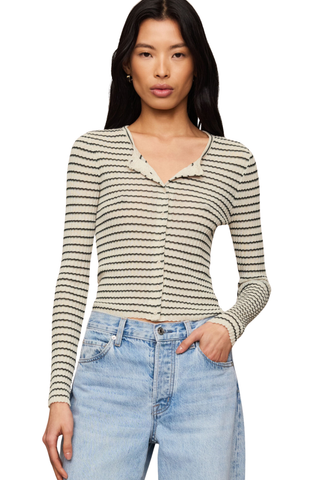 Z Supply Rosanna Stripe Sweater Top in Chalk featuring neutral horizontal stripes, long sleeves, an open neckline, and fitted silhouette.
